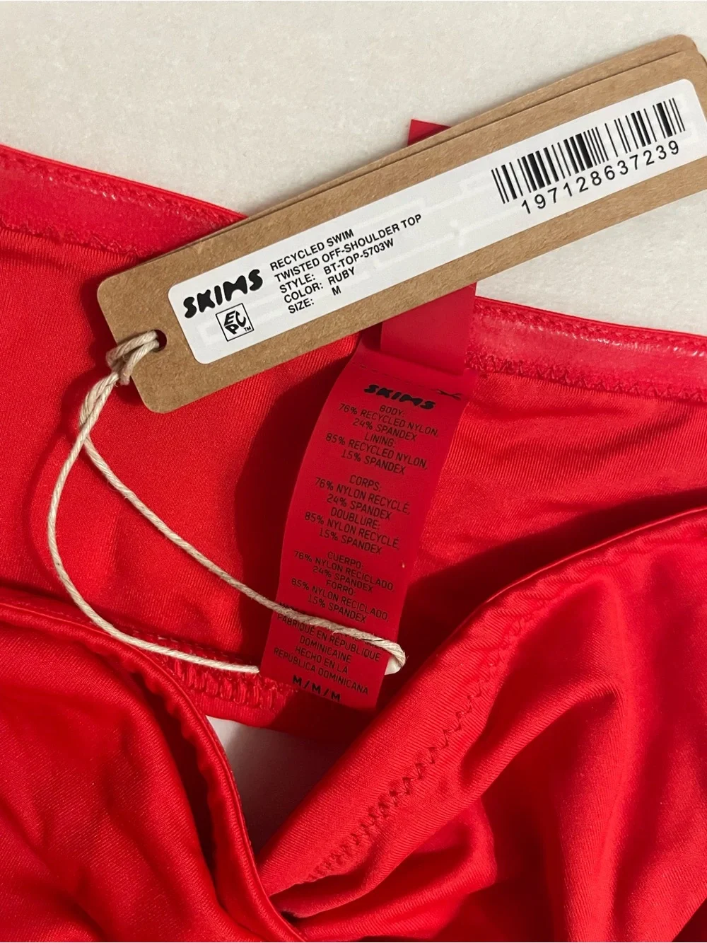 Skims 2Pc SET Twisted Off-Shoulder Bikini Top & Mid Waist Bottoms Ruby Red M
